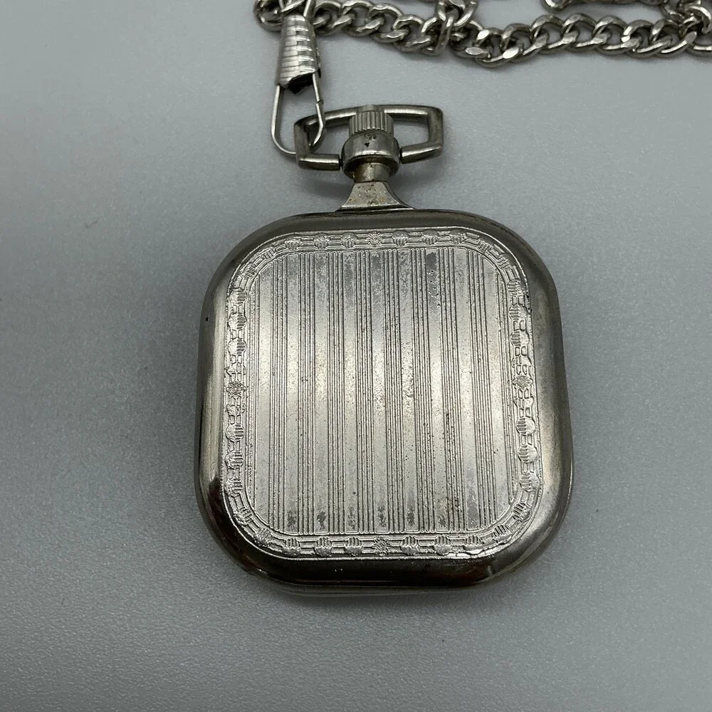 Mens Pocket Watch 45mm White Dial Silver Tone Chain Cushion Case New Battery